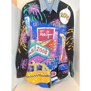 Vintage 1980’s New York City Times Square Pop Art Painted Denim Shirt, Y2K, Med.